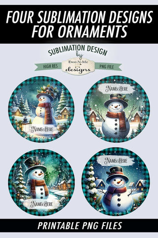 Snowmen In Night Village Christmas Ornament Design PNG Files Sublimation Ewe-N-Me Designs 