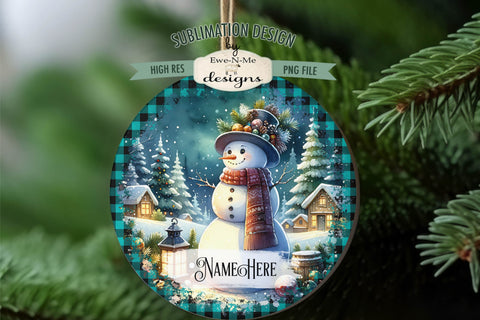 Snowmen In Night Village Christmas Ornament Design PNG Files Sublimation Ewe-N-Me Designs 
