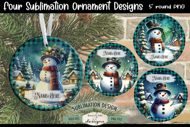 Snowmen In Night Village Christmas Ornament Design PNG Files Sublimation Ewe-N-Me Designs 