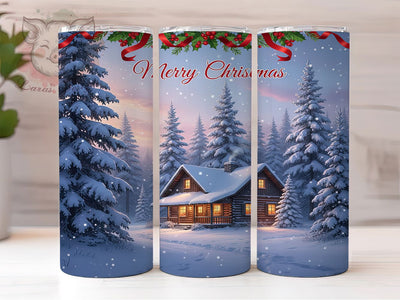 Snowy Christmas Cabin Tumbler, Merry Christmas Wrap, Winter Cabin Scene, Sublimation Cup, 20oz Skinny Tumbler, Cozy Holiday Drinkware, Snowy Christmas Style Sublimation Lara' s Designs 