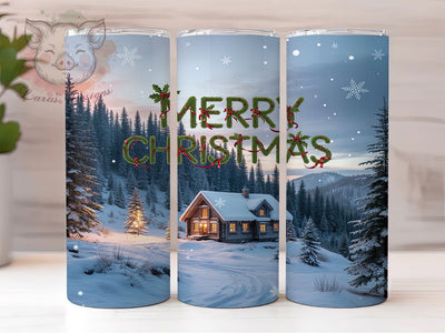 Snowy Christmas Cabin Tumbler, Merry Christmas Wrap, Winter Cabin Scene, Sublimation Cup, 20oz Skinny Tumbler, Cozy Holiday Drinkware, Snowy Christmas Style Sublimation Lara' s Designs 