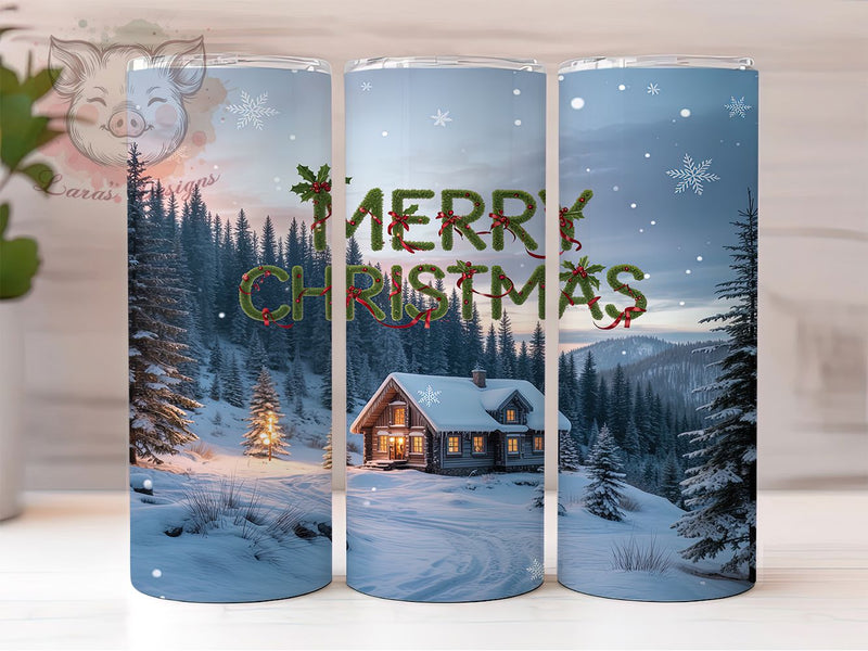 Snowy Christmas Cabin Tumbler, Merry Christmas Wrap, Winter Cabin Scene, Sublimation Cup, 20oz Skinny Tumbler, Cozy Holiday Drinkware, Snowy Christmas Style Sublimation Lara' s Designs 