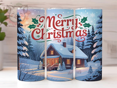 Snowy Christmas Cabin Tumbler, Merry Christmas Wrap, Winter Cabin Scene, Sublimation Cup, 20oz Skinny Tumbler, Cozy Holiday Drinkware, Snowy Christmas Style Sublimation Lara' s Designs 
