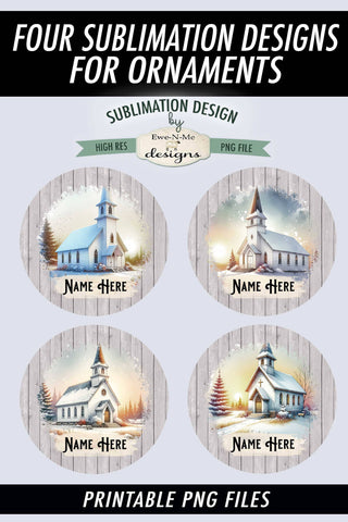 Snowy Country Church Ornament Designs PNG Files | Add Name Sublimation Ewe-N-Me Designs 
