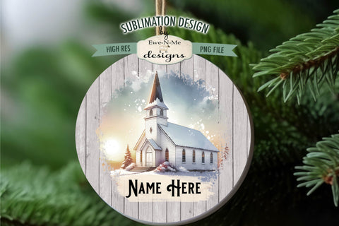 Snowy Country Church Ornament Designs PNG Files | Add Name Sublimation Ewe-N-Me Designs 