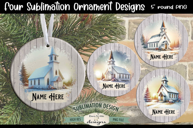 Snowy Country Church Ornament Designs PNG Files | Add Name Sublimation Ewe-N-Me Designs 
