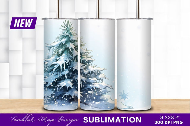 Snowy Evergreen Tree Watercolor Tumbler Png Sublimation Regulrcrative 