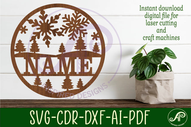Snowy fields Christmas name sign svg laser cut template SVG APInspireddesigns 