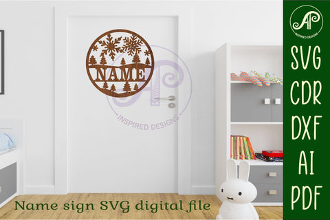 Snowy fields Christmas name sign svg laser cut template SVG APInspireddesigns 