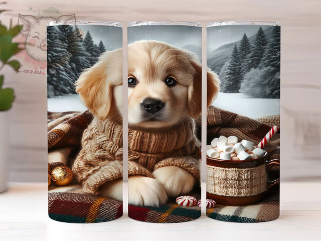 Snowy Golden Puppy Holiday Tumbler, Snowy Window Wrap, Dog Sublimation Design, 20oz Puppy Tumbler, Festive Dog Art, Winter Puppy Mug, Whimsical Holiday Cup Sublimation Lara' s Designs 