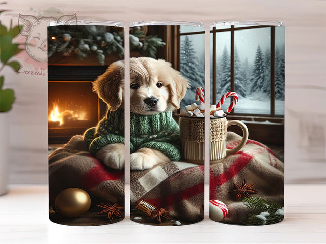 Snowy Golden Puppy Holiday Tumbler, Snowy Window Wrap, Dog Sublimation Design, 20oz Puppy Tumbler, Festive Dog Art, Winter Puppy Mug, Whimsical Holiday Cup Sublimation Lara' s Designs 