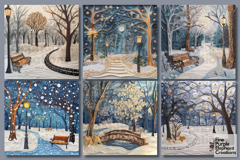 Snowy Park Quilling Pattern Digital Paper | Christmas Holiday Digital Pattern Fine Purple Elephant Creations 