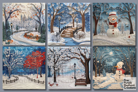 Snowy Park Quilling Pattern Digital Paper | Christmas Holiday Digital Pattern Fine Purple Elephant Creations 