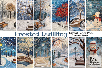 Snowy Park Quilling Pattern Digital Paper | Christmas Holiday Digital Pattern Fine Purple Elephant Creations 