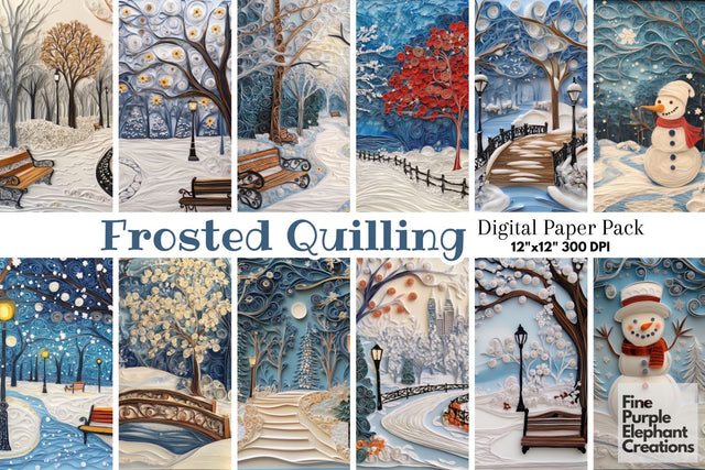 Snowy Park Quilling Pattern Digital Paper | Christmas Holiday Digital Pattern Fine Purple Elephant Creations 