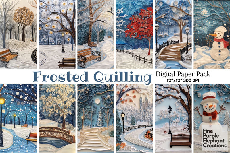 Snowy Park Quilling Pattern Digital Paper | Christmas Holiday Digital Pattern Fine Purple Elephant Creations 