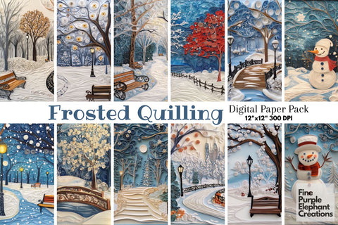 Snowy Park Quilling Pattern Digital Paper | Christmas Holiday Digital Pattern Fine Purple Elephant Creations 