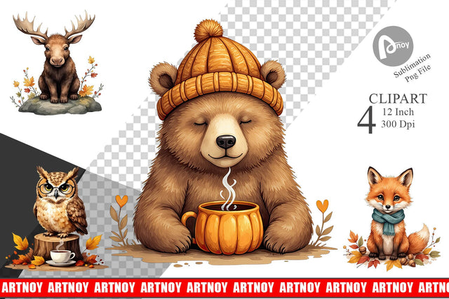 Snuggly Fall Critters Clipart Sublimation artnoy 
