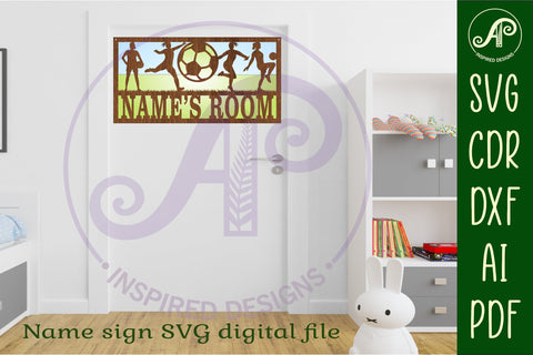 Soccer female player scene name sign SVG 3 layer laser cut SVG APInspireddesigns 