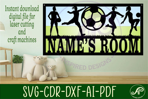 Soccer female player scene name sign SVG 3 layer laser cut SVG APInspireddesigns 