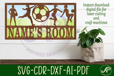 Soccer female player scene name sign SVG 3 layer laser cut SVG APInspireddesigns 