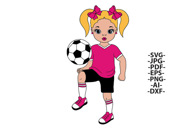 Soccer Girl Clipart with Blonde Hair Pink Bows and Uniform in SVG PNG JPG PDF DXF AI EPS Formats for Cricut Sublimation and Sports Crafts SVG 1uniqueminute 
