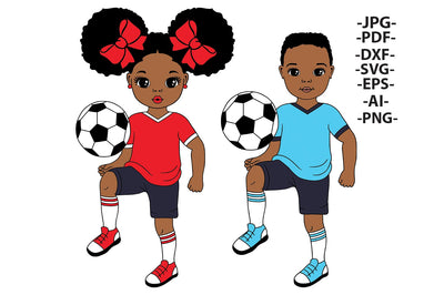 Soccer Kids Clipart Bundle SVG PNG JPG PDF AI DXF EPS | African American Boy and Girl Football Player Illustrations SVG 1uniqueminute 
