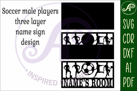 Soccer male player scene name sign SVG 3 layer laser cut SVG APInspireddesigns 