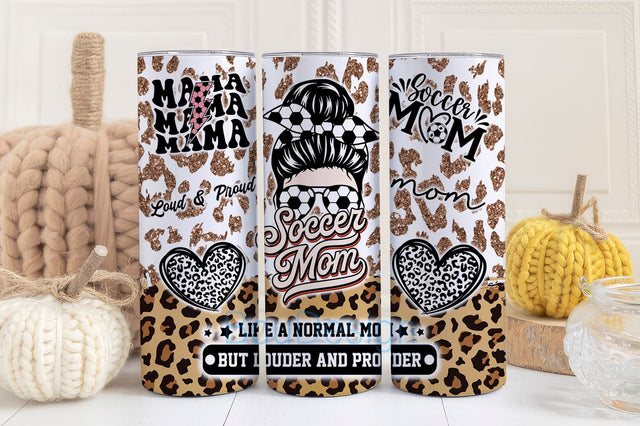Soccer Messy Bun MOM 20oz Brown Leopard Glitter Sport Mother Mama Skinny Tumbler Wrap PNG Sublimation Designs Download Sublimation BouDesign 