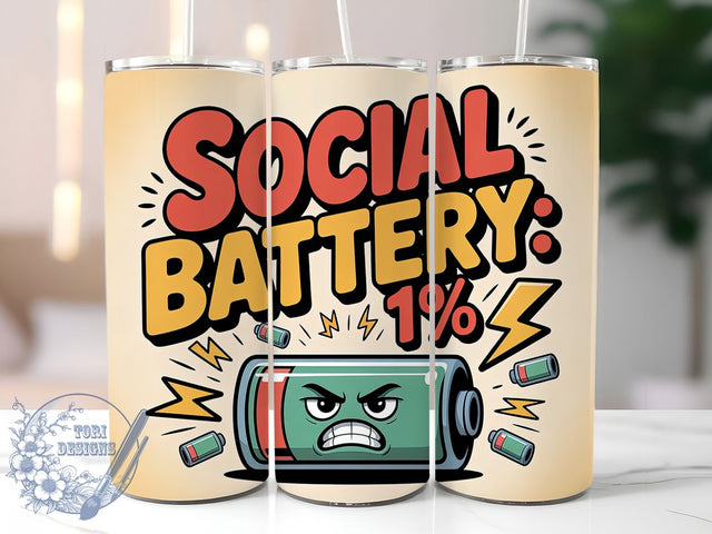 Social Battery 1% 20oz Tumbler, Humor Wrap, Sarcastic PNG Design, Sublimation Design, 20oz Tumbler Wrap, Comedic Cup Design Sublimation ToriDesigns 