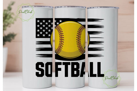 Softball American Flag 20oz Tumbler Wrap Sublimation PixelChick 