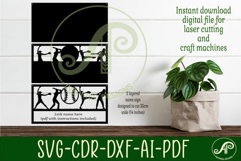 Softball female scene name sign SVG 3 layer laser cut SVG APInspireddesigns 