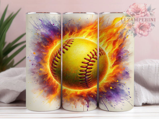 Softball Fire Sports 20oz Flaming Tumbler Wrap, Softball Sublimation Design, Sports Tumbler PNG, Flaming Softball Cup, Athletic Theme Tumbler Sublimation Li Zamperini 