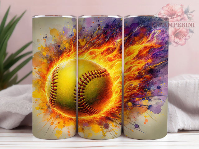 Softball Fire Sports 20oz Flaming Tumbler Wrap, Softball Sublimation Design, Sports Tumbler PNG, Flaming Softball Cup, Athletic Theme Tumbler Sublimation Li Zamperini 