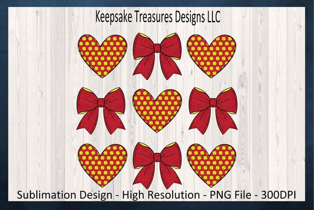 Softball Hearts and Coquette Bows, Sublimation PNG Design, Red and Yellow Softball Hearts, Digital Download Sublimation Keepsake Treasures Designs LLC. 