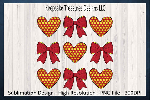 Softball Hearts and Coquette Bows, Sublimation PNG Design, Red and Yellow Softball Hearts, Digital Download Sublimation Keepsake Treasures Designs LLC. 