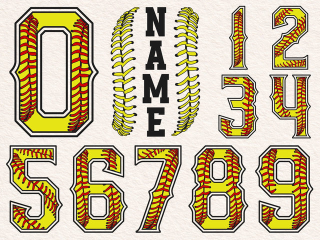 Softball Numbers, Custom Softball Name, Softball Stitch, Softball font png, Softball Themed Numbers, Numbers that look like Softballs SVG DesignDestine 