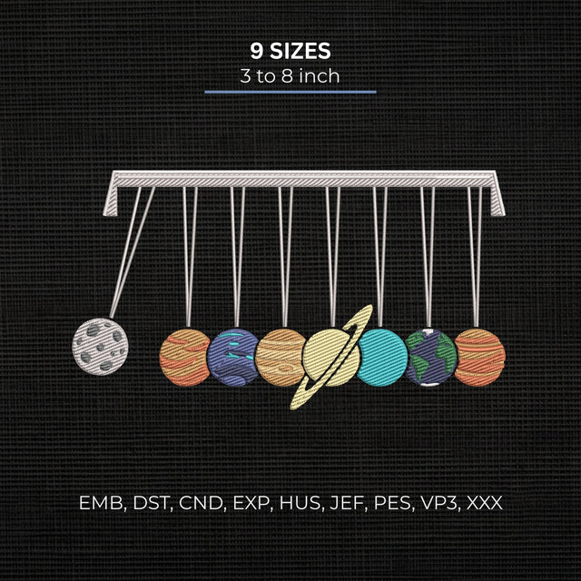 Solar System Newton's Cradle Embroidery Design – Planets Space Science Physics Machine Embroidery File Embroidery/Applique DESIGNS PatternFeed8 