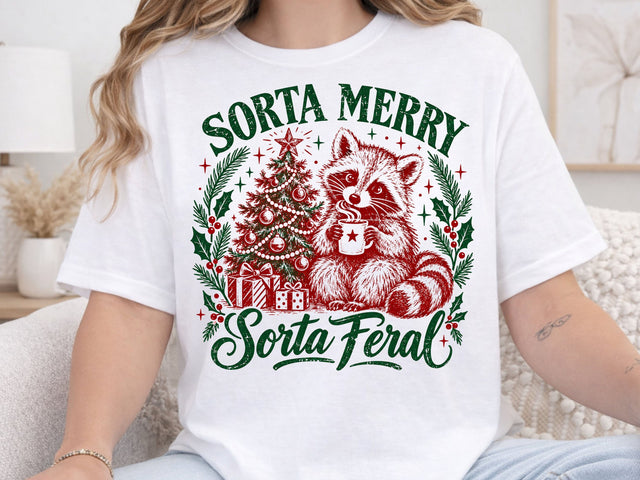 Sorta Merry Sorta Feral Raccoon Xmas PNG SVG DesignDestine 