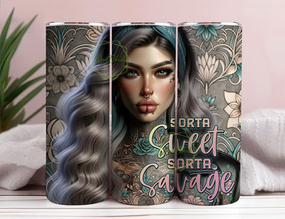 Sorta Sweet Sorta Savage 20oz Skinny Tumbler Wrap, Funny Halloween Skull png, Spooky Girl Tumbler Download Sublimation PixelChick 