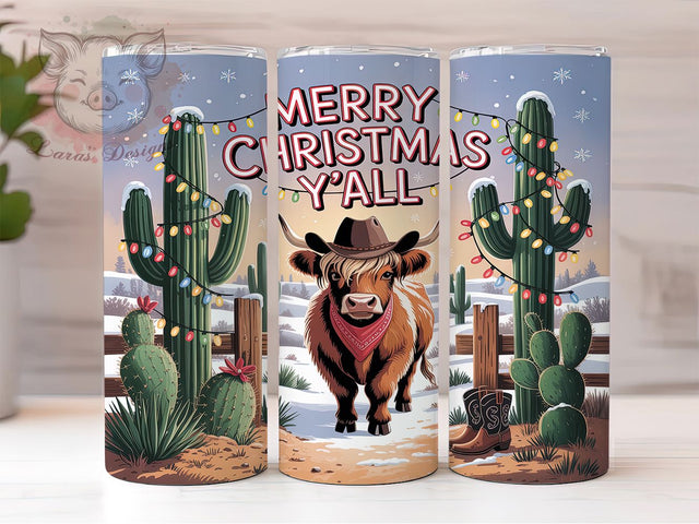 Southern Highland Cow Tumbler, Southern Holiday Wrap, Farm Animal Sublimation Design, Festive Cow Cup, 20Oz Skinny Tumbler Wrap, Rustic Christmas Mug, Merry Christmas Y’all Design Sublimation Lara' s Designs 
