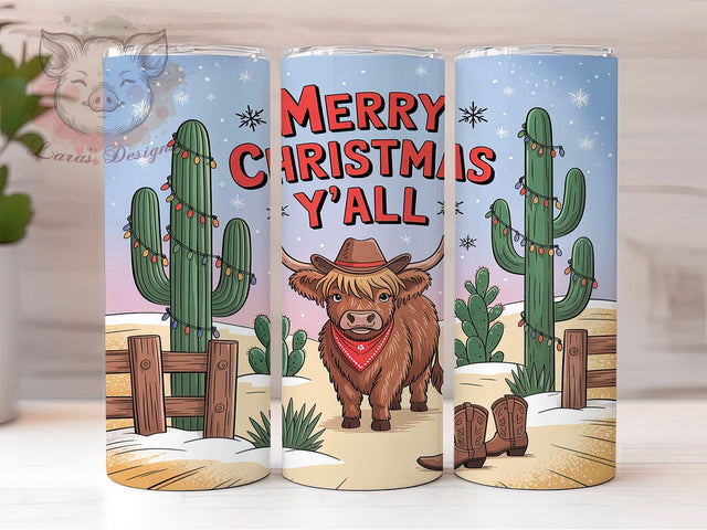 Southern Highland Cow Tumbler, Southern Holiday Wrap, Farm Animal Sublimation Design, Festive Cow Cup, 20Oz Skinny Tumbler Wrap, Rustic Christmas Mug, Merry Christmas Y’all Design Sublimation Lara' s Designs 