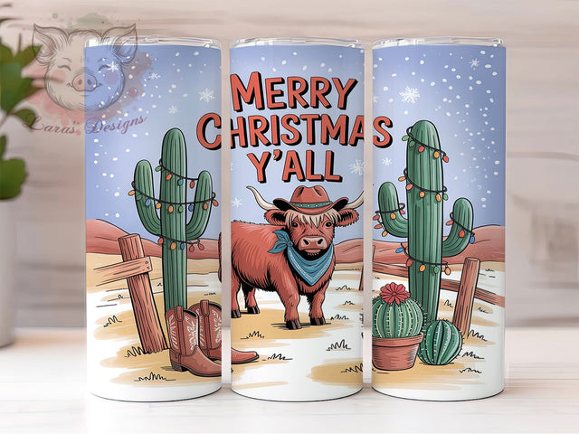Southern Highland Cow Tumbler, Southern Holiday Wrap, Farm Animal Sublimation Design, Festive Cow Cup, 20Oz Skinny Tumbler Wrap, Rustic Christmas Mug, Merry Christmas Y’all Design Sublimation Lara' s Designs 