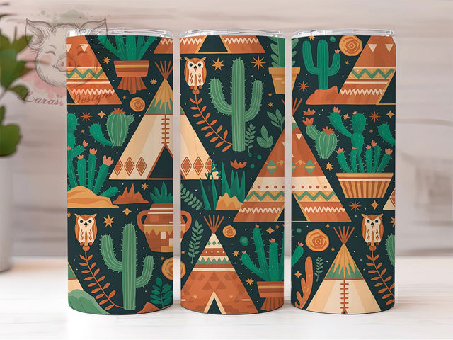 Southwest Tribal Cactus Tumbler Wrap, Cactus Tumbler Sublimation, Tribal Pattern Cup, Desert Cactus Drinkware, Boho Western Tumbler, Rustic Tribal Mug, Southwestern Digital Design Sublimation Lara' s Designs 
