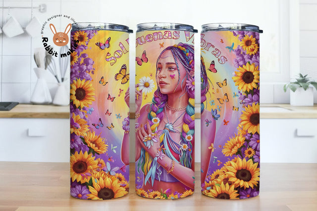 Spanish Inspirational 20oz Wrap design, Sol Buenas Vibras 20oz Skinny Tumbler Sublimation Design Wrap, Boho Positive Sunflower Digital Download Sublimation Rabbitmakies 