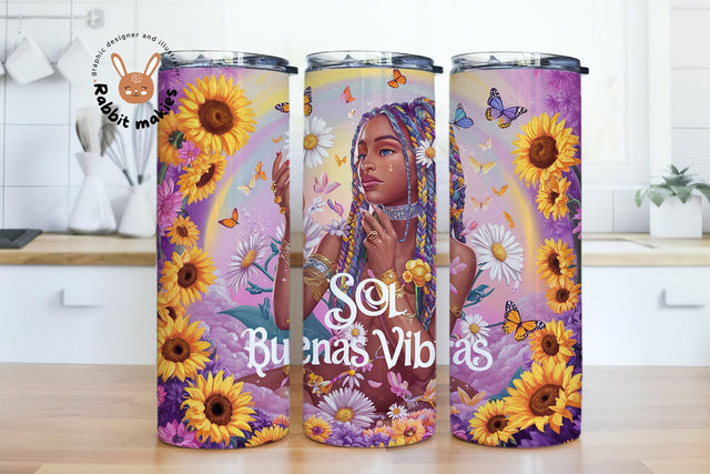 Spanish Inspirational 20oz Wrap design, Sol Buenas Vibras 20oz Skinny Tumbler Sublimation Design Wrap, Boho Positive Sunflower Digital Download Sublimation Rabbitmakies 