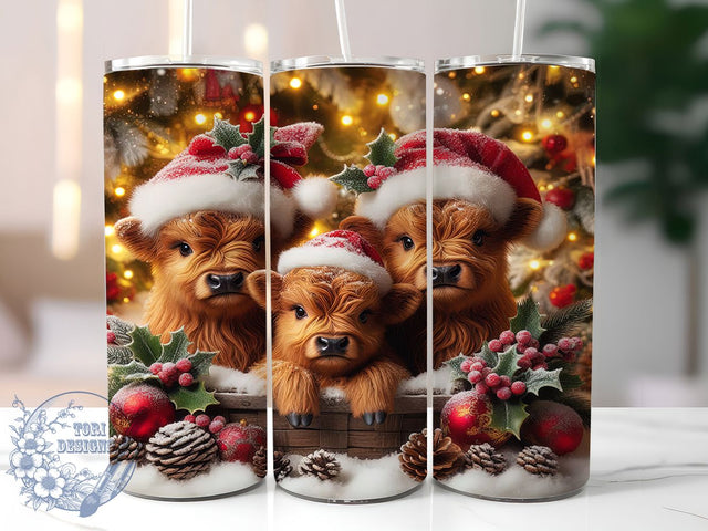 Sparklecore Christmas Highland Cow Tumbler, Sparklecore Christmas Wrap, Festive Cow Design, Sublimation Cup, 20oz Skinny Tumbler, Holiday Drinkware, Glitter Christmas Style Sublimation ToriDesigns 