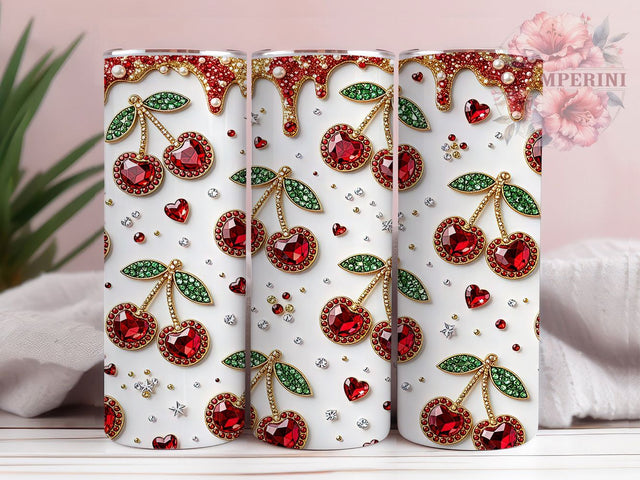 Sparkling Cherry Bling 20oz Tumbler, Sparkling cherry design, Bling tumbler wrap, 20oz skinny tumbler, Cherry bling print, Sublimation tumbler wrap, Glam cherry design Sublimation Li Zamperini 