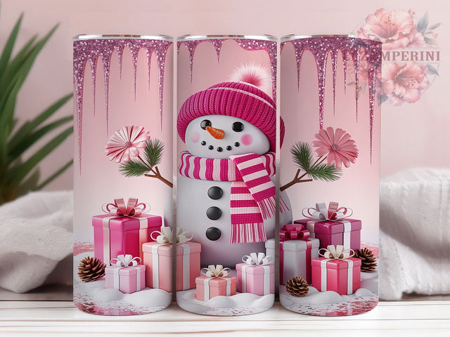 Sparkly Pink Glitter Christmas Snowman Tumbler, Sparkly Christmas Wrap, 20oz Tumbler Sublimation, Festive Holiday Snowman, Glitter Winter Tumbler, Cute Christmas Wrap, Pastel Holiday Sublimation Sublimation Li Zamperini 
