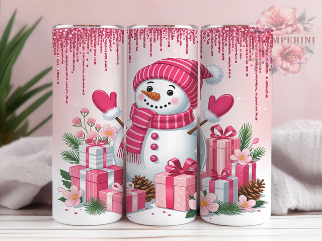 Sparkly Pink Glitter Christmas Snowman Tumbler, Sparkly Christmas Wrap, 20oz Tumbler Sublimation, Festive Holiday Snowman, Glitter Winter Tumbler, Cute Christmas Wrap, Pastel Holiday Sublimation Sublimation Li Zamperini 
